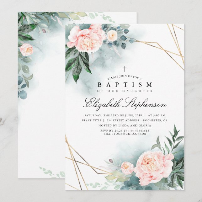 Grüne und rosa Blume Elegante Moderne Taufe Einladung (Vorne/Hinten)