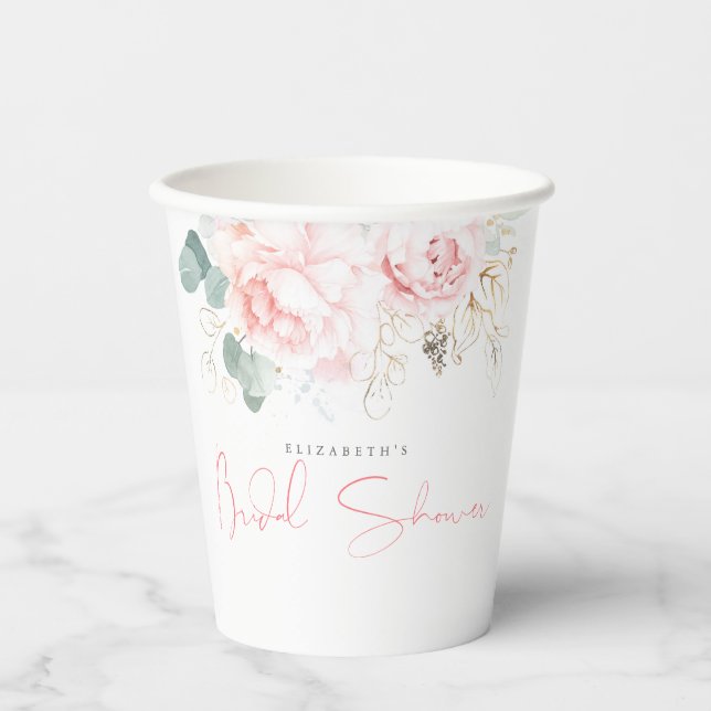 Grüne und rosa Blume Elegantes Brautparty Pappbecher (Vorderseite)