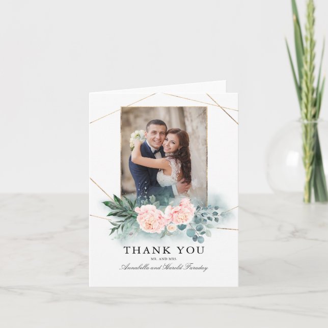 Grüne und rosa Blume Hochzeit Vielen Dank Foto Dankeskarte (Vorderseite)
