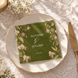 Grüne und rosa Blumenranken-Hochzeit Serviette
