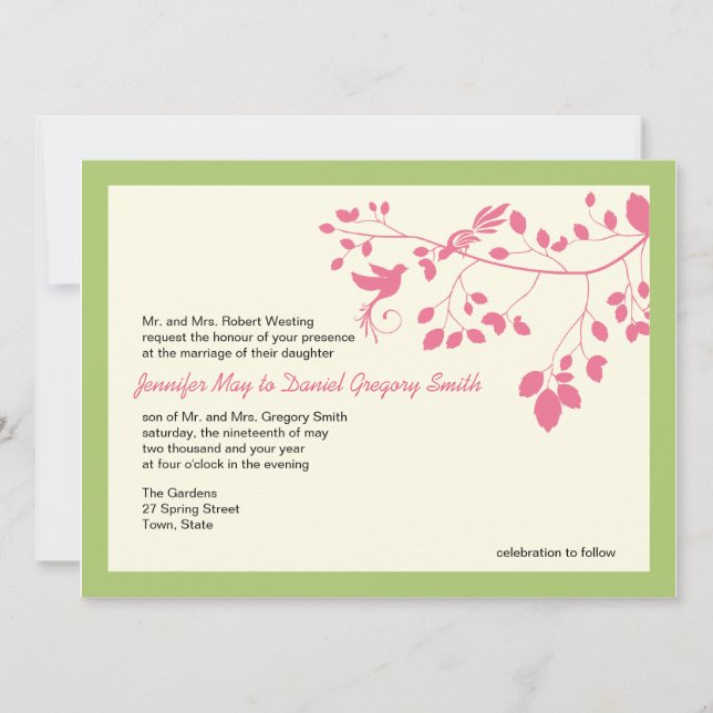 Grüne und rosa Hochzeit lädt dazu ein, Vögel zu li Einladung (Vorderseite)