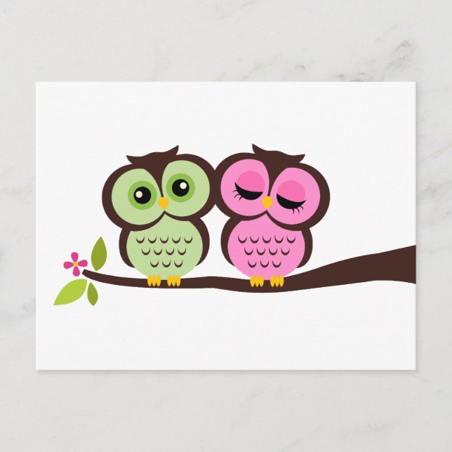 Grüne und rosa Owls Hochzeit Einladungspostkarte (Vorderseite)