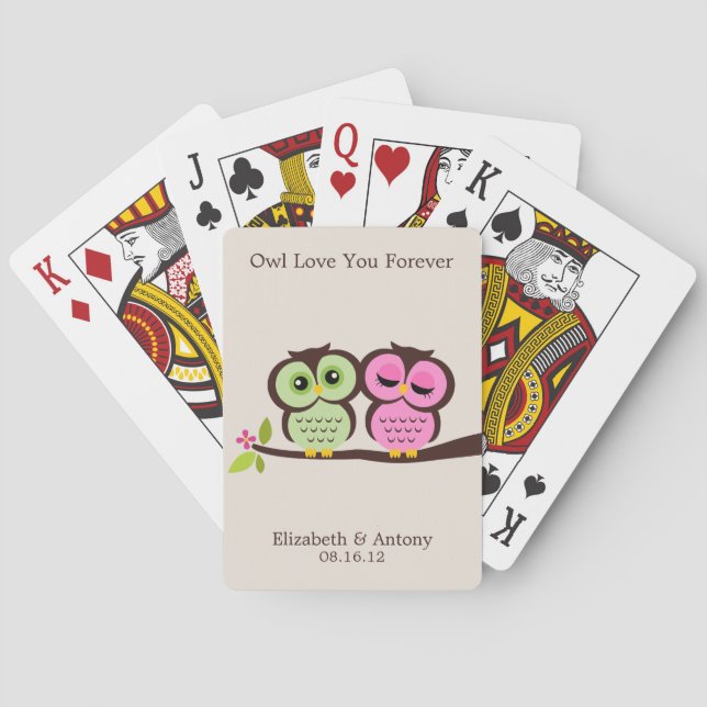 Grüne und rosa Owls Hochzeit Spielkarten (Rückseite)