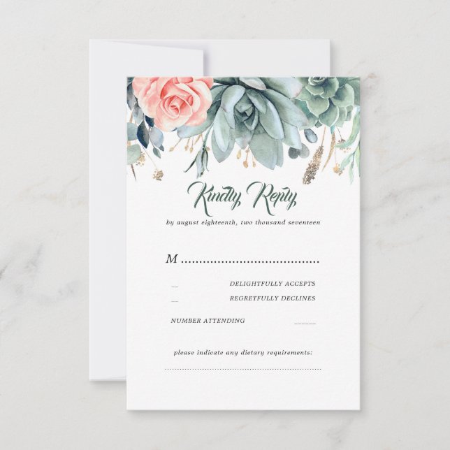 Grüne und rosa Rose Elegante Hochzeit UAWG RSVP Karte (Vorderseite)