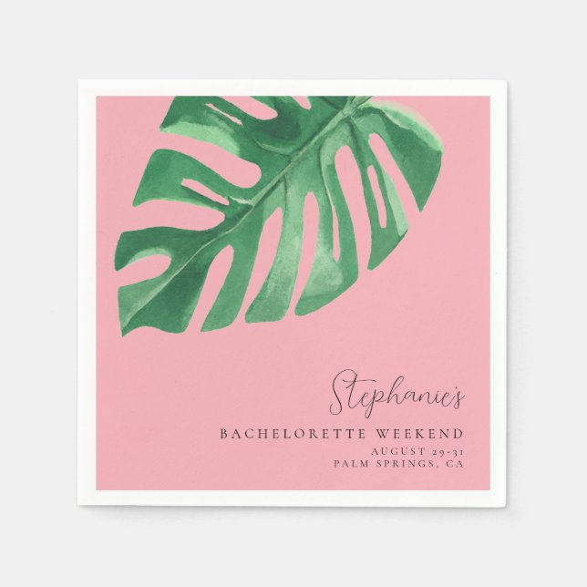 Grüne und rosa Tropische Monstera Bachelorette Serviette (Vorderseite)