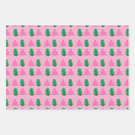 Grüne und rosa Weihnachtsbäume Geschenkpapier Set