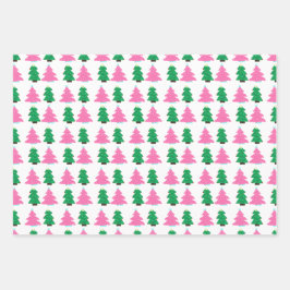 Grüne und rosa Weihnachtsbäume Geschenkpapier Set
