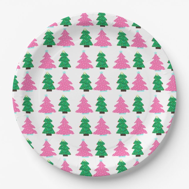 Grüne und rosa Weihnachtsbäume Pappteller (Vorderseite)