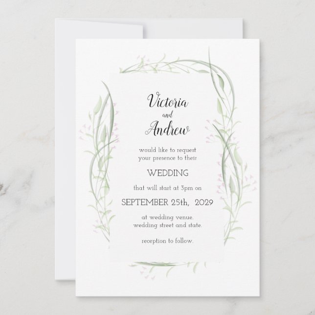 Grüne und rosa zarte, blumengeschmückte Hochzeitsf Einladung (Vorderseite)