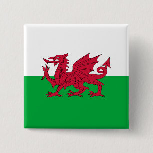 Grüne und rote Flagge von Wales mit Drachen Button