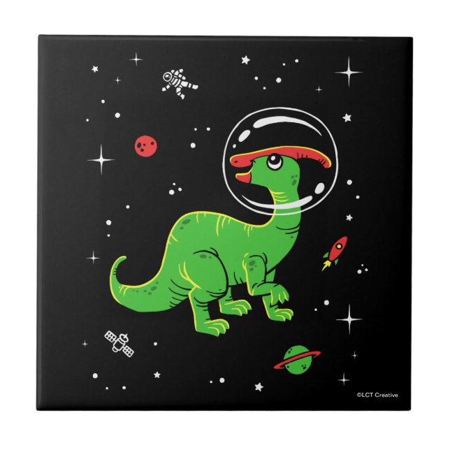 Grüne und rote Parasaurolophus Dinos im Weltraum Fliese (Vorderseite)