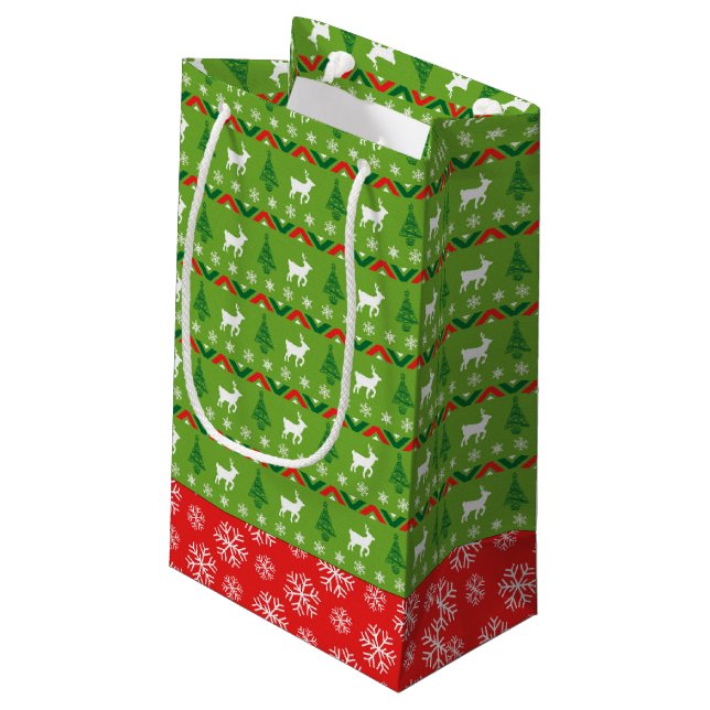 Grüne und rote Rentiere | Schneeflocken Kleine Geschenktüte (Rückseite Schrägansicht)
