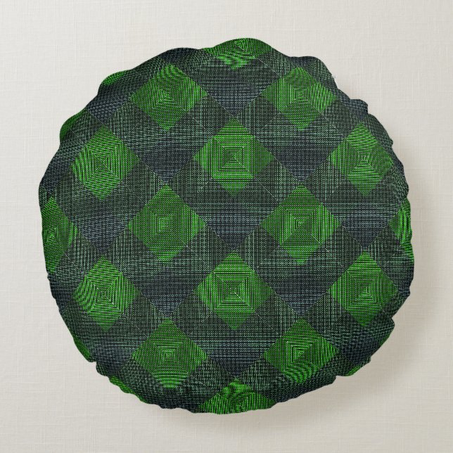 Grüne und schwarze geneigte Quadrate oder Schach Rundes Kissen (Rückseite)
