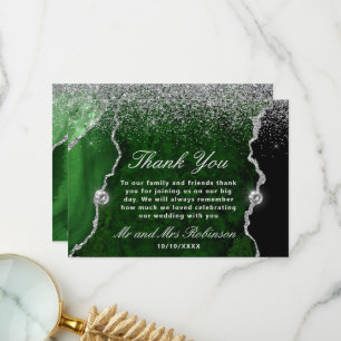 Grüne und silberne Glitter-Achat-Marmor-Hochzeit Dankeskarte
