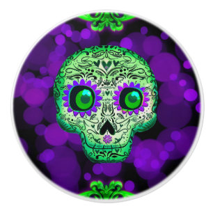 Grüne und violette leuchtende Zuckerschädel Hallow Keramikknauf
