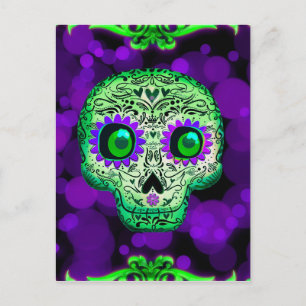 Grüne und violette leuchtende Zuckerschädel-Hallow Postkarte