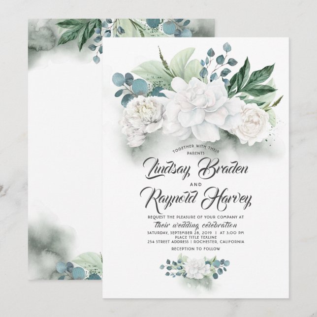Grüne und weiße Blume Elegante Hochzeit von Peony Einladung (Vorne/Hinten)