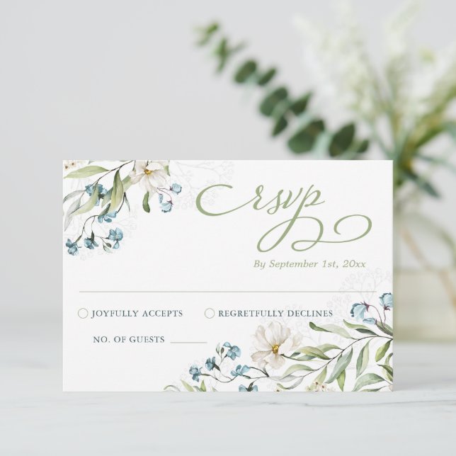 Grüne und weiße Blume Hochzeit RSVP Karte (Stehend Vorderseite)