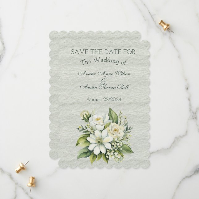 Grüne und weiße Blumenzwiebeln Save The Date (Vorderseite/Rückseite Beispiel)