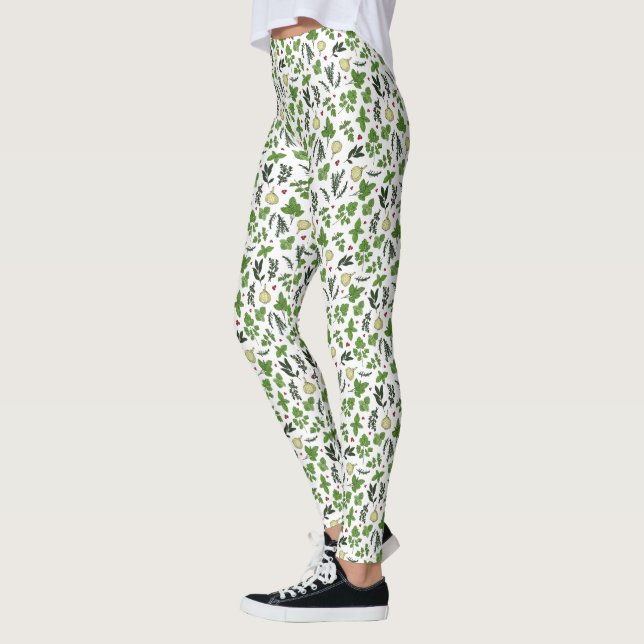 Grüne und weiße Gartenkräutern Muster Leggings (Links)