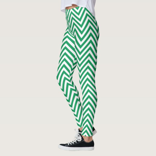 Grüne und weiße Grafik-Design Zigzag Muster Leggings (Links)