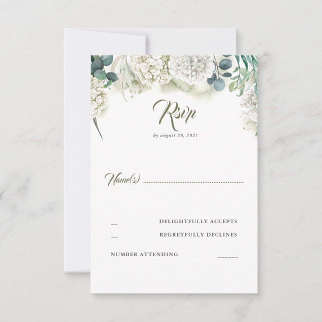 Grüne und weiße Hydrangea Wedding RSVP Karte (Vorderseite)