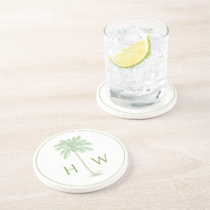 Grüne und weiße Palm-Palmetto-Baum-Monogramm Getränkeuntersetzer