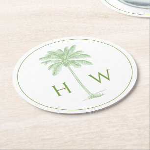 Grüne und weiße Palm-Palmetto-Baum-Monogramm Runder Pappuntersetzer