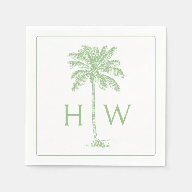 Grüne und weiße Palm-Palmetto-Baum-Monogramm Serviette (Vorderseite)