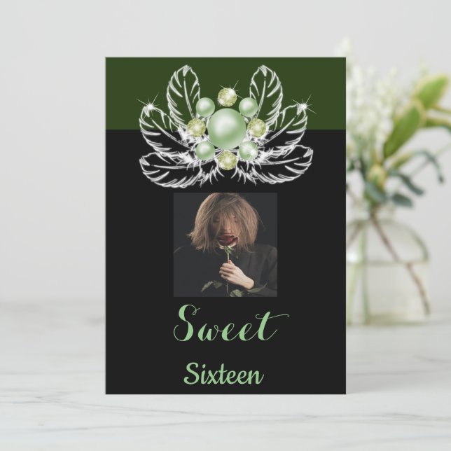 Grüne und weiße Perle Diamanten Sweet 16 Einladung (Stehend Vorderseite)