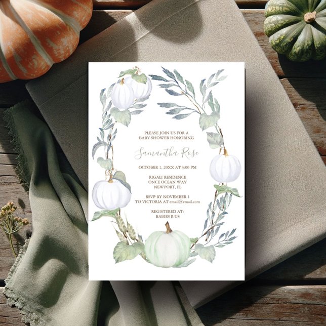 Grüne und weiße PUMPKIN Grünpflanzen BABY Dusche Einladung (gender neutral baby shower invitations watercolor fall pumpkin in green and white)