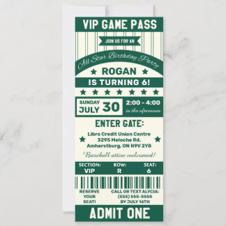 Grüne und weiße Sportmannschaft Ticket Geburtstags Einladung