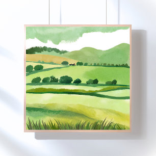 Grüne üppige Hügellandschaft Natur Aquarell Poster