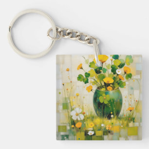 Grüne Vase mit irischen Blumen und Kleeblättern Schlüsselanhänger