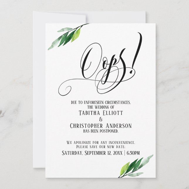 Grüne verspätete Hochzeit "Oops!" Ankündigung (Vorderseite)