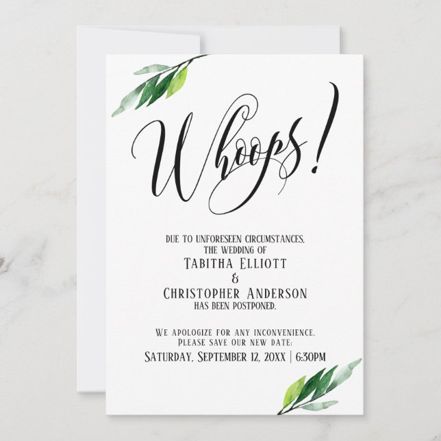 Grüne verspätete Hochzeit "Whoops!" Ankündigung (Vorderseite)