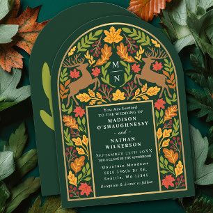 Grüne verzauberte Waldhirschbogen-Hochzeit Einladung