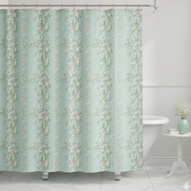 Grüne Vintage-Blumen Duschvorhang (vintage faux lace pale mint green cream ivory floral shower curtain)