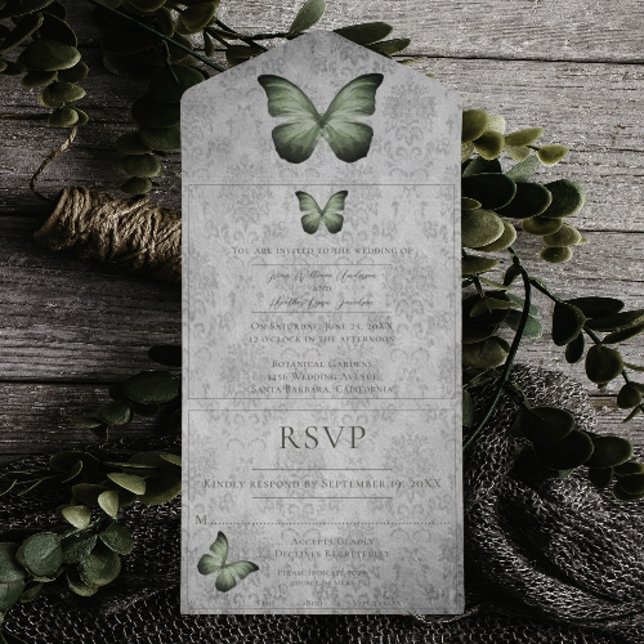 Grüne Vintage Schmetterlingsmaske All In One Einladung (Green Vintage Butterfly Damask Wedding All in One Invitation)