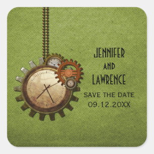 Grüne Vintage Uhr Save the Date Aufkleber