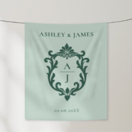 Grüne Vintage-Verzierungswappen-Hochzeit Wandteppich