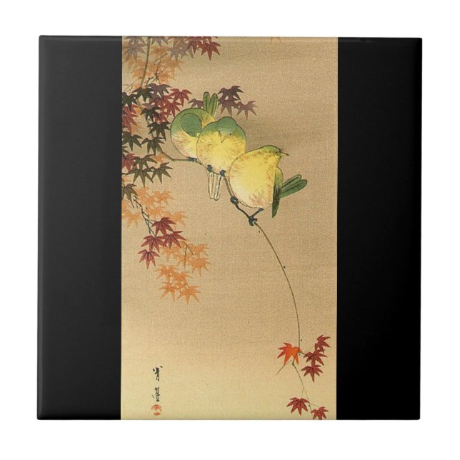 Grüne Vögel auf Ahornbaum, japanische Kunst Fliese (Vorderseite)