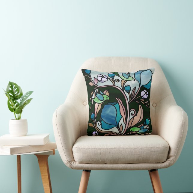 Grüne Vögel und blauen Blumen im Stile eines Glase Kissen (Stuhl )