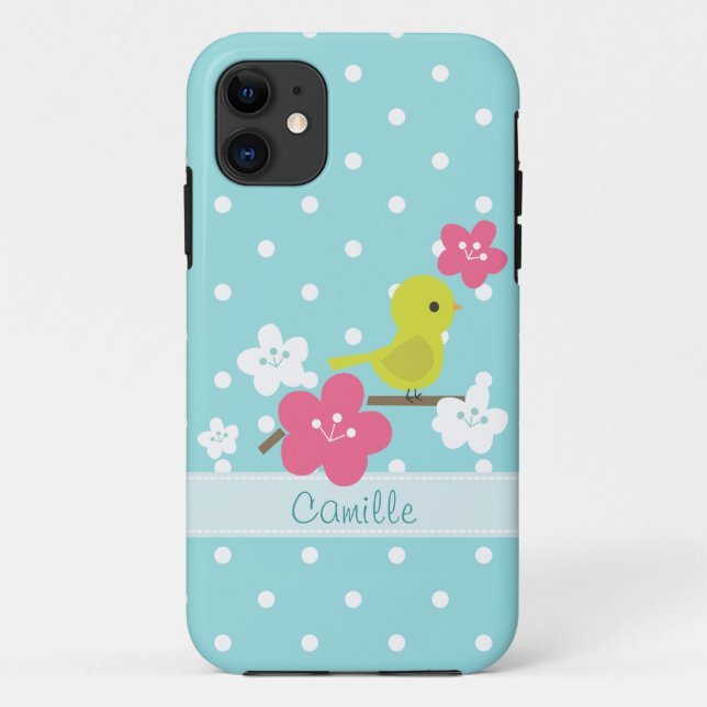 Grüne Vogel-und KirschBlumen Case-Mate iPhone Hülle (Rückseite)
