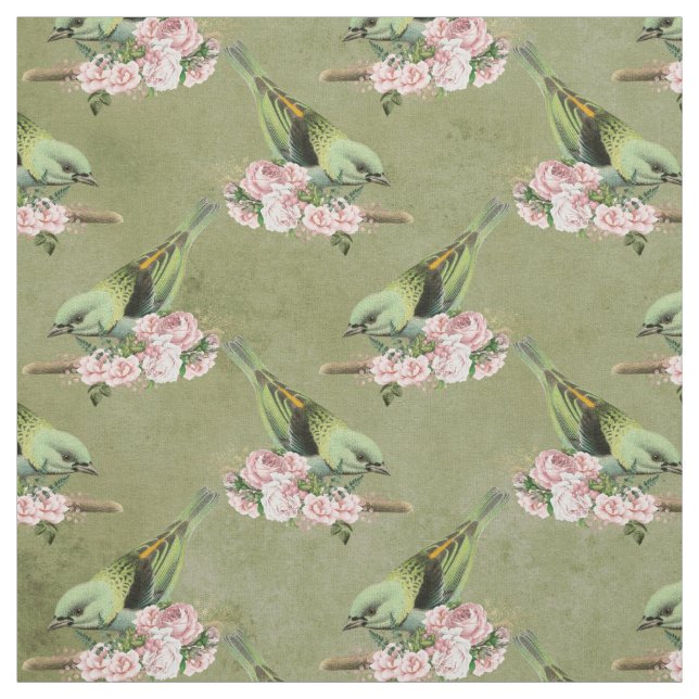 Grüne Vögel und rosa Blüten Stoff (Muster)