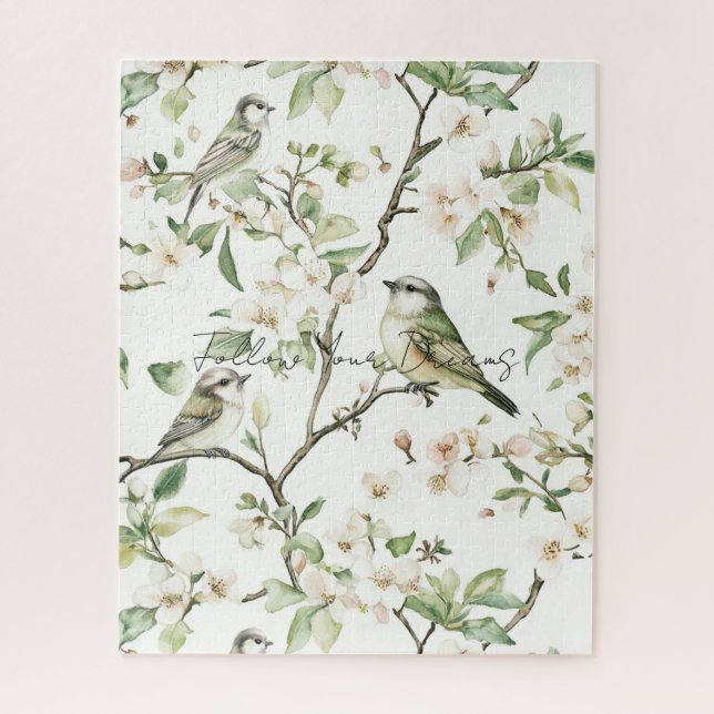 Grüne Vögel Weiße Blumen Baum (Vertikal)