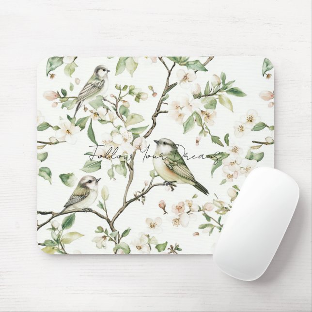 Grüne Vögel Weiße Blumen Baum Mousepad (Mit Mouse)