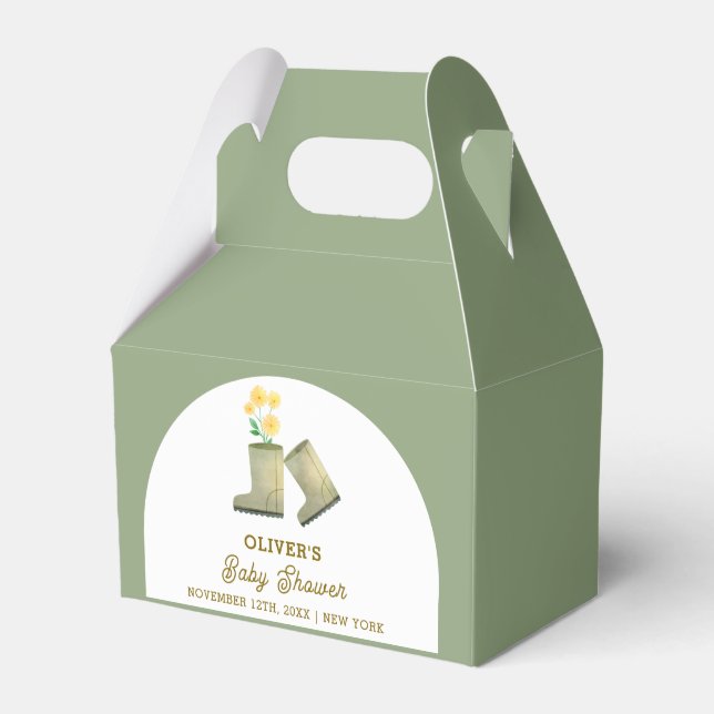 Grüne, vor Ort gezüchtete Blumenstiefel Babydusche Geschenkschachtel (Vorderseite)