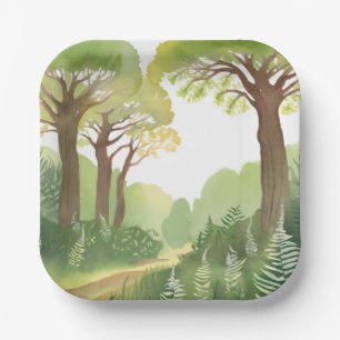 Grüne Wald Bäume Natur Schöne Aquarellmalerei Pappteller
