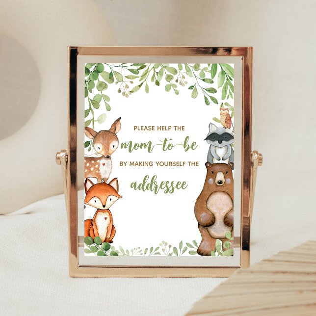 Grüne Wald-Duschumschlag-Stationsschild Poster (Woodland Animals Baby Shower Envelope Station Sign)